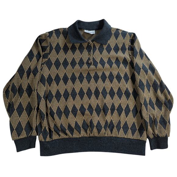 VTG Alfred Dunner Argyle Knit Polo Sweater Brown Gray Made USA Petite M - Picture 1 of 11